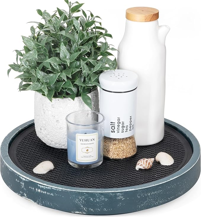 Pine Wood Non-Skid Lazy Susan Organizer Turntable for Bathroom Tray – 10.5" Lazy Susan Turntable for Cabinet, Kitchen Decor & Coffee Table with Rubber Mat - Ideal Coffee Bar Accessories (Blue)