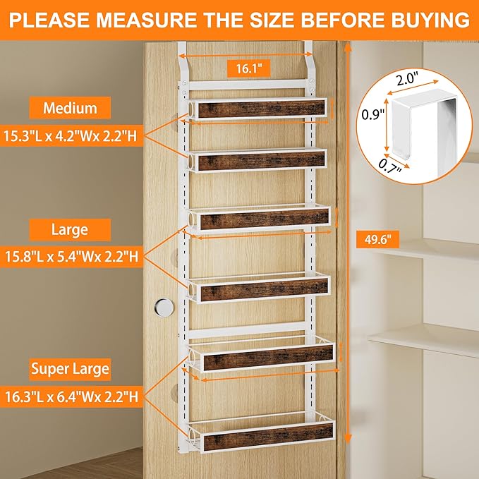 6 Tier Over The Door Pantry Orangizer 2 IN 1 Wall Mounted or Hanging Spice Rack with Adjustable Wood Basket,Heavy Duty Seasoning Storage Shelf for Kitchen Pantry and Bathroom