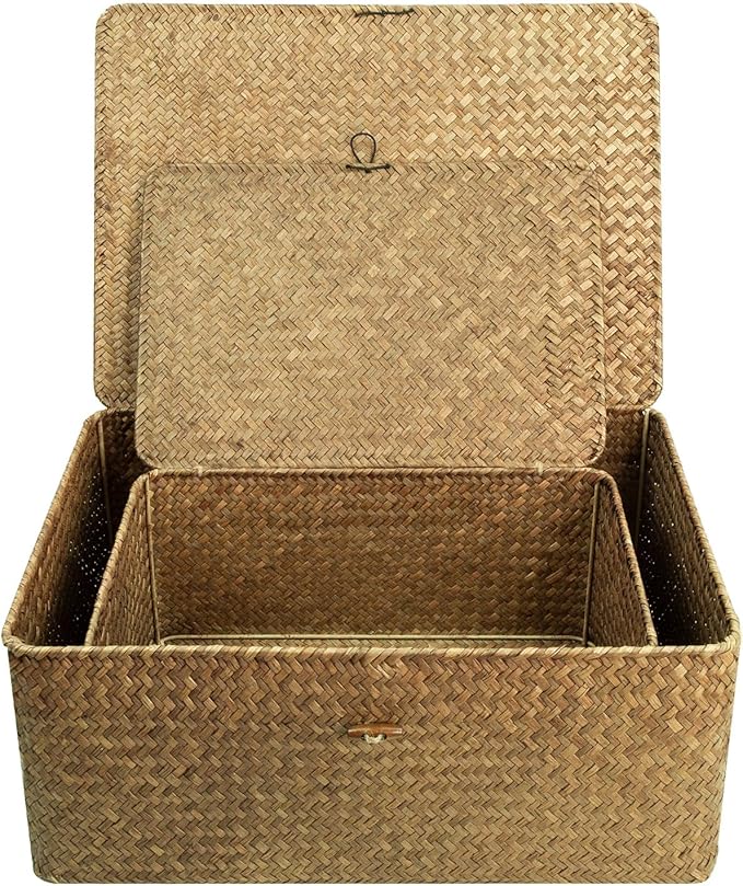 Shelf Storage Baskets with Lid, 2-Pack Wicker Storage Bakset, Woven Seagrass Decorative Boxes Storage Basket, Coffee Large+XXLarge