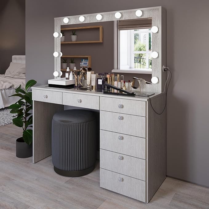 Boahaus Serena White Makeup Vanity with Mirror and 11 Lights, 7 Drawers, Glass Top, Crystal Knobs, USB-A & USB-C Ports, 110V Power Outlet, Bedroom Vanity Desk (Grey-1)