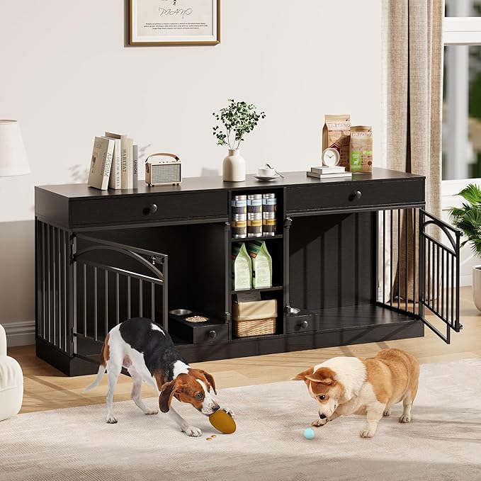 GarveeHome Dog Crate Furniture for 2 Dogs, Dog Kennel Indoor with Storage and Feeding Bowls, Double Dog Crate TV Stand for Small Medium Dogs, Black