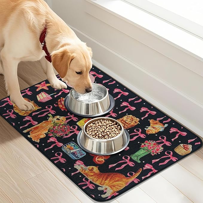 SHIYUE Dog Food Mats for Floors, Absorbent Cat Bowl for Food and Water, Non-Slip Accessories Pet Supplies(17"x30",Black Bow Food)