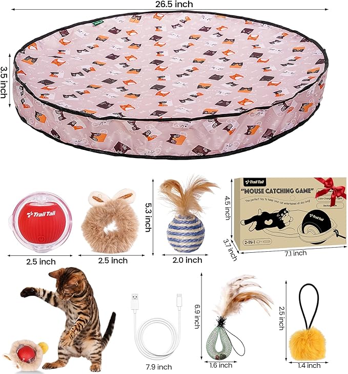 Interactive Cat Toy for Indoor Cats, Rechargeable Kitten Toy for Chasing and Hunting, Hide and Seek Mouse Catching Game with Automatic Motion-Activated Moving Ball