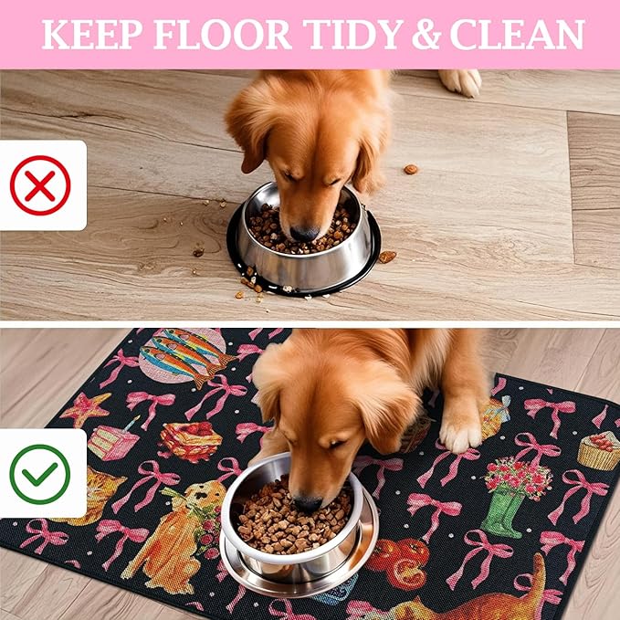 SHIYUE Dog Food Mats for Floors, Absorbent Cat Bowl for Food and Water, Non-Slip Accessories Pet Supplies(12"x20",Black Bow Food)