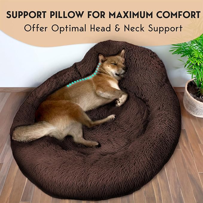 PetJett Calming Dog Bed Medium Size Dog - 30'' Donut Bed, Anti-Slip & Washable Super Soft Fluffy Plush Round Bed, Anti-Anxiety Premium Comfort Pet Bed, Fits Dogs up to 45 lbs - Brown