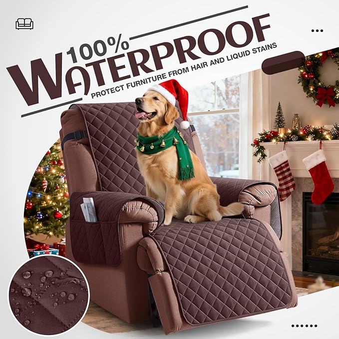 KinCam 100% Waterproof Recliner Chair Cover, Reclining Couch Covers for Pets, Dogs, Recliner Couch Slipcover Furniture Protector with Elastic Straps for Kids(30", Coffee)