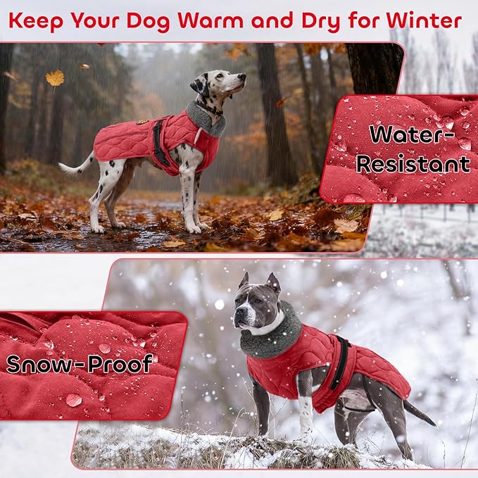 Dog Coat Winter, Waterproof Quilted Dog Jacket for Cold Weather, Reflective Adjustable Puppy Winter Coat, Warm Turtle-Neck Pet Fleece Snow Jacket for XX-Large Dogs, NewRed XXL