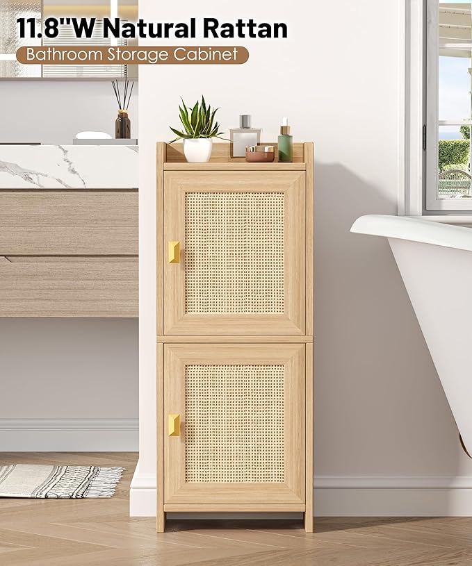 Rattan Small Bathroom Cabinet with 2 Doors, 7.9''D x 11.8''W Narrow Toilet Paper Storage Cabinet, Bathroom Organizer for Small Space, Wooden Slim Corner Unit with Adjustable Shelf, Natural Oak