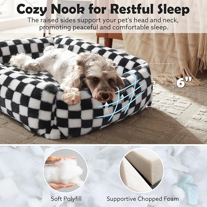 JOEJOY Small Dog Bed for Small Dogs, Removable Washable Cover Orthopedic Soft Faux Rabbit Fur Pet Bed, Anti-Slip Fluffy Plush Puppy Bed, 20"x19"x6", Checkered, Black