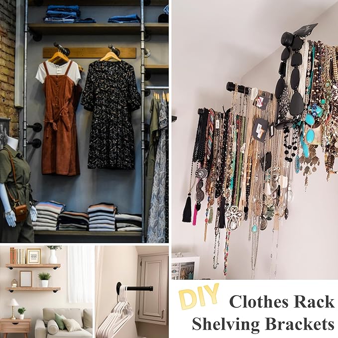 Cast Iron Wall Mounted Clothes Rack, Heavy Duty Industrial Pipe Clothing Rack for Hanging Clothes, Garment Racks for Wardrobe Organizers and Storage, DIY Closet Rods Closet Bar (Black 4 Pack, 12 in)