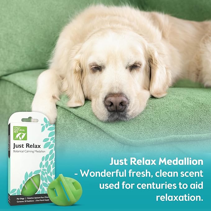 Only Natural Pet Just Relax Botanical Calming Collar Medallion for Dogs – Essential Oil Blend with Lavender & Chamomile – Comfort for Indoor Use or Travel – 2 Medallions, 1 Month Supply