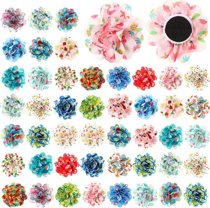 50 Pcs Summer Flowers for Dog Collars Bulk Hawaiian Dog Flower Collar Accessory Pet Bow Ties for Puppy Cat Grooming Charms Accessories Summer Fruits Beach Party Costume