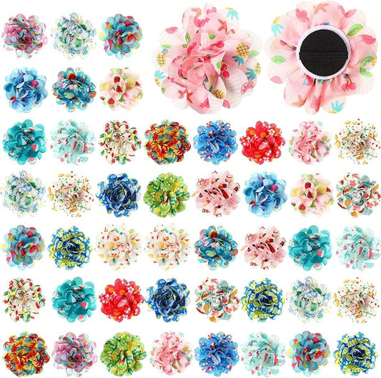 50 Pcs Summer Flowers for Dog Collars Bulk Hawaiian Dog Flower Collar Accessory Pet Bow Ties for Puppy Cat Grooming Charms Accessories Summer Fruits Beach Party Costume