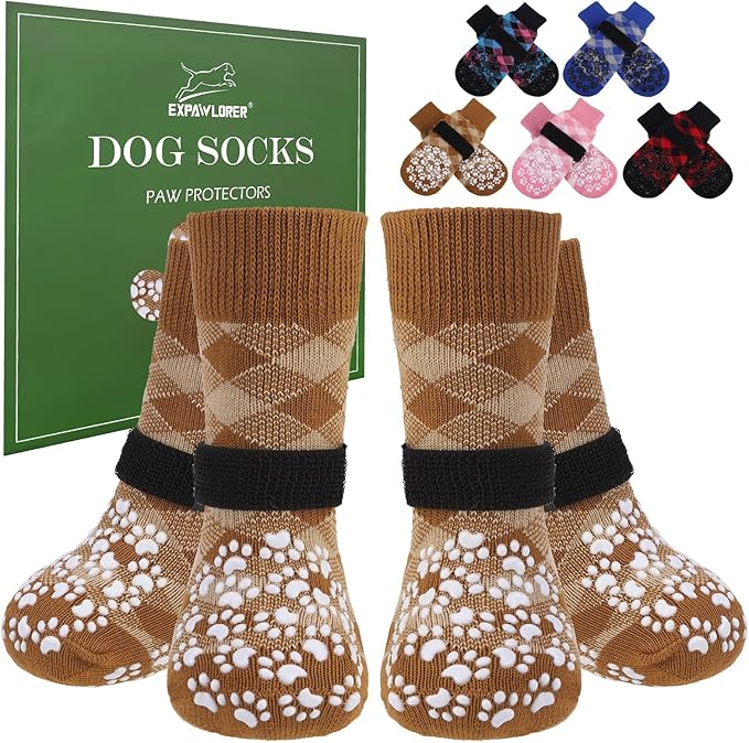 EXPAWLORER Dog Socks for Cold Winter Snow to Prevent Licking Paws, Anti Slip Doggie Booties Grippy Shoes for Hardwood Floors, Boots & Paw Protectors for Small Medium Large Senior Dogs Khaki XL