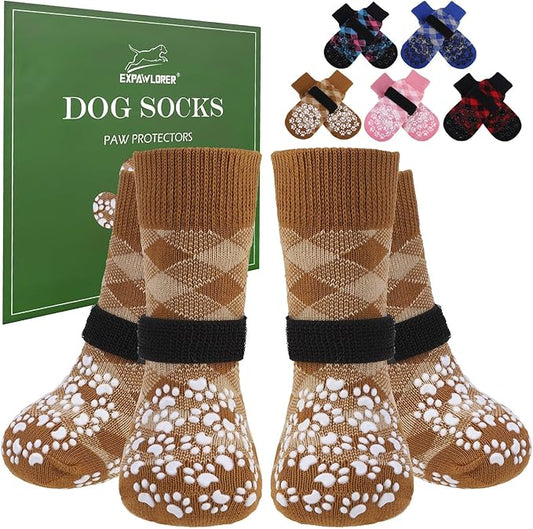 EXPAWLORER Dog Socks for Cold Winter Snow to Prevent Licking Paws, Anti Slip Doggie Booties Grippy Shoes for Hardwood Floors, Boots & Paw Protectors for Small Medium Large Senior Dogs Khaki XL