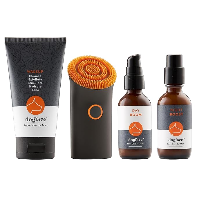 Dogface Deluxe Kit – Men’s Red Light Facial Brush with Silicone Bristles, Hyaluronic Acid, Retinol Night Serum, Technobrush, Wakeup Gel, Day Boom, Night Boost - Free Shower Caddy