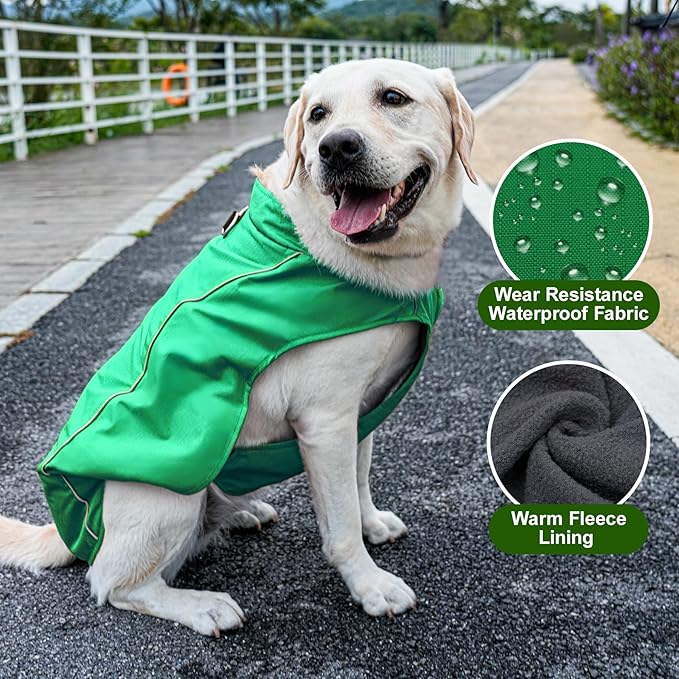 Outdoor Waterproof Dog Jacket for Large Dogs,Doggie Coats with Harness Buitl in D-Ring Warm Fleece Dog Clothes for Cold Winter,Green 3XL