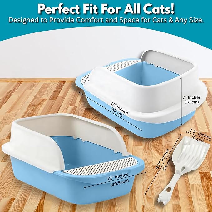 Large Open-Top Cat Litter Box with High Sides, Enclosed Scatter Shield Design, Easy Clean Plastic Litter Pan, Includes Scoop (Blue)