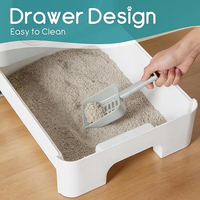 Cat Litter Box with Scoop, Large Foldable Litter Box with Lid & Drawer Tray, Front Visible Entry Top Exit Kitty Box, Odor Control, Easy to Clean