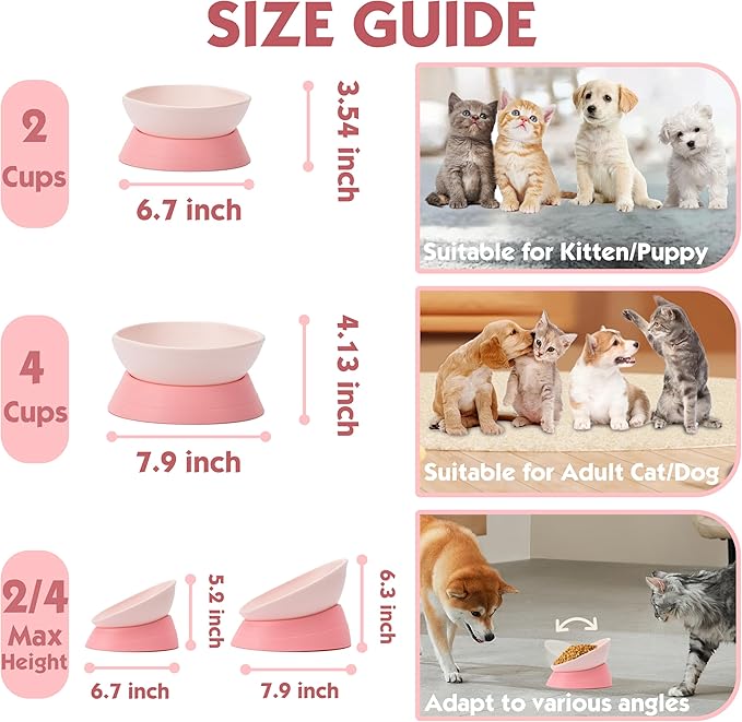 French Bulldog Food Bowl- Slanted Tilted Pug Food Water Bowl,Cat Bowl- Feeder for Frenchie/Shih Tzu/Flat Faced Small Dogs/Puppies/Cats (Pink, 4 Cup)