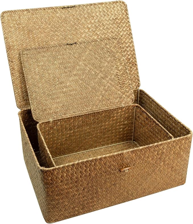 Shelf Storage Baskets with Lid, 2-Pack Wicker Storage Bakset, Woven Seagrass Decorative Boxes Storage Basket, Coffee Large+XXLarge