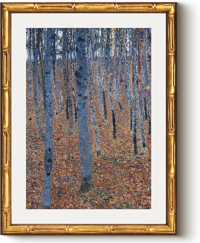 Vintage Gold Framed Canvas Wall Art 12x16 Inches Abstract Woodland Impressionist Artwork, Blue Orange Tones Landscape Painting, Modern Gallery Style Living Room Bedroom Office Bathroom Decor