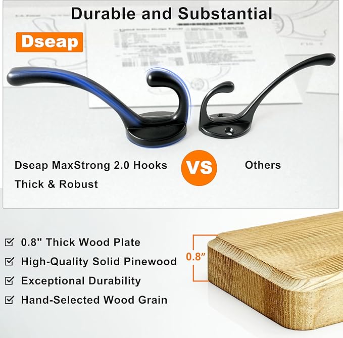 Dseap Wall Mounted Coat Rack: 24" Long, Patented, Heavy-Duty, 6-Double-Hooks Wooden Hanger Rail for Winter Coats, Hat, Jacket, Clothing - White & Black, Pack of 2