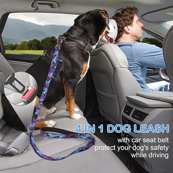 2 Pack Heavy Duty Dog Leash for Medium Large Dogs That Pull,4-6FT Shock Absorbing Bungee Tactical Dog Leash with 2 Padded Handle Car Seatbelt,Reflective Walking Training Lead,Purple Camo