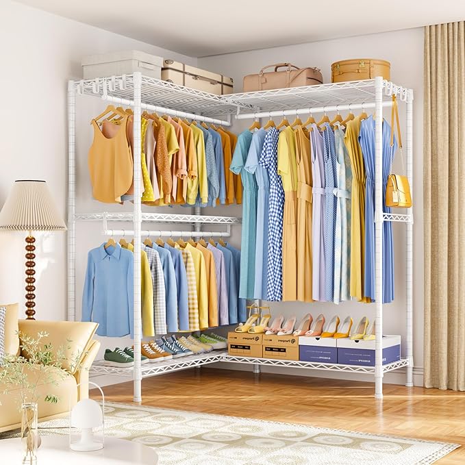 E15 Plus Garment Rack L Shaped Clothes Rack for Corner，Freestanding Clothing Racks for Hanging Clothes，Heavy Duty Closet System with 4 Hanging Rods & 8 S Hooks，48.5" W x 35" D x 78.4" H，White