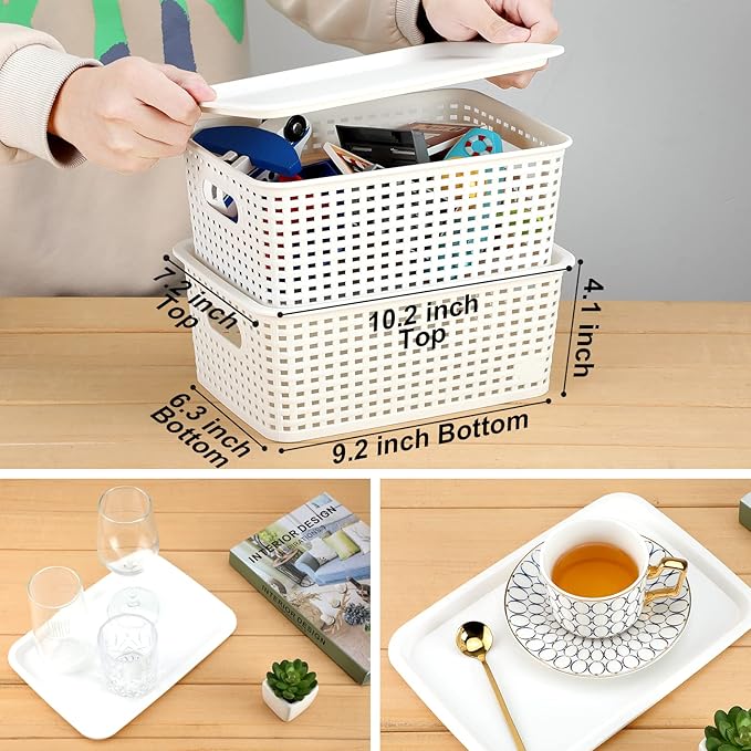 AREYZIN 12 Pack Bundles Plastic Storage Baskets Including 6 Plastic Storage Baskets With Lids Set of 6 Durable Small Pantry Organizer Bins
