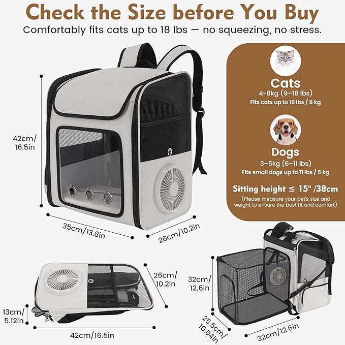 Cat Backpack Carrier with Fan & Heating Pad, Expandable Cat Carrier Backpack for Cats up to 18 lbs, Breathable Pet Travel Backpack, Ventilated Cat Dog Carrier for Hiking/Outdoor/Vet Visits