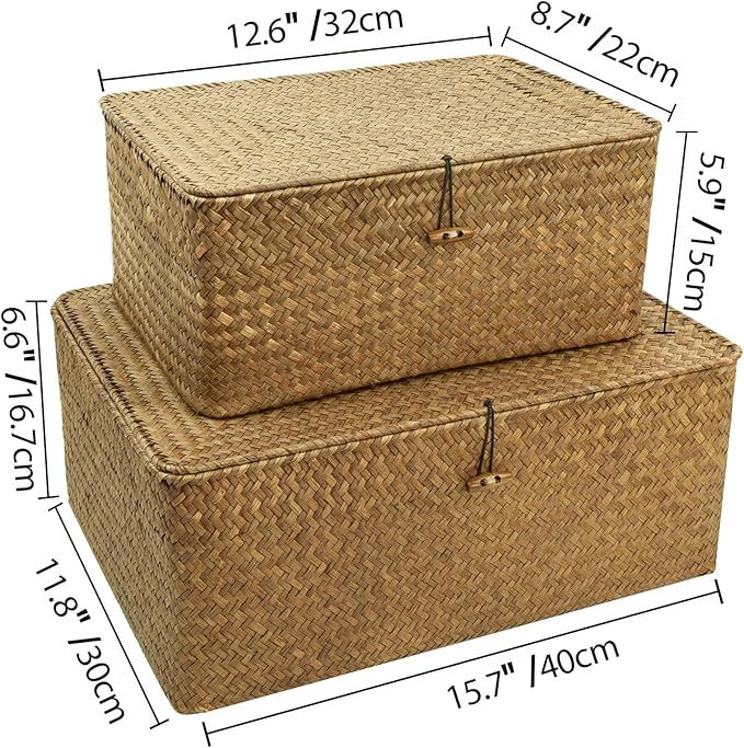 Shelf Storage Baskets with Lid, 2-Pack Wicker Storage Bakset, Woven Seagrass Decorative Boxes Storage Basket, Coffee Large+XXLarge
