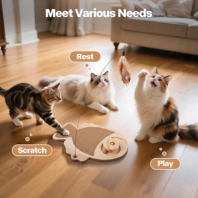 Pawise Cat Scratcher,Fish Shaped Cat Scratcher Toy,Natural Sisal Cat Scratching Board with Feather Teaser and Wooden Roller Ball Toy,Interactive Cat Toy for Indoor Cats (Fish)