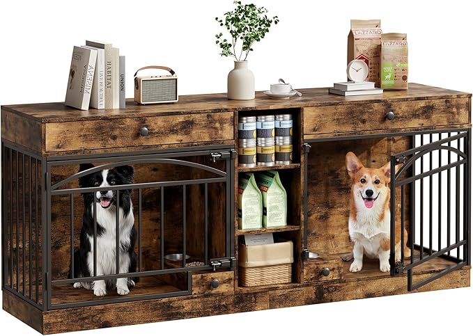 GarveeHome Dog Crate Furniture for 2 Dogs, Dog Kennel Indoor with Storage and Feeding Bowls, Double Dog Crate TV Stand for Small Medium Dogs, Brown