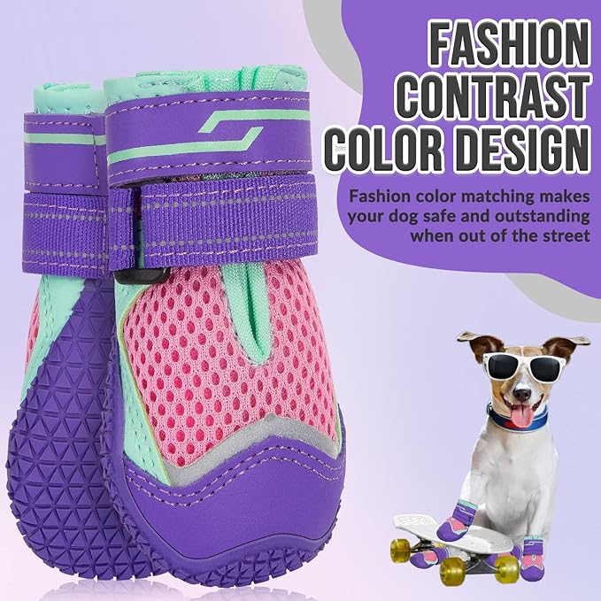SlowTon Dog Shoes for Large Small Medium Dogs - Breathable Dog Boots for Summer Hot Pavement, Paw Protector for Outdoor Walking Winter Snow, Anti-Slip Rubber Dog Booties for Hardwood Floor (PIPU, 7)
