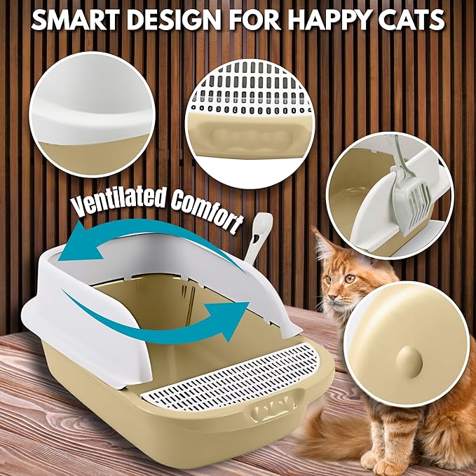 Large Open-Top Cat Litter Box with High Sides, Enclosed Scatter Shield Design, Easy Clean Plastic Litter Pan, Includes Scoop (Pale Beige)