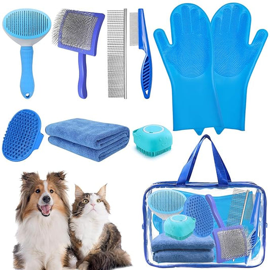 8PCS Dog Slicker Brush for Dogs Grooming Kit,Bath Grooming Kit for Pets,Hair Brush Set with Towel,Washing Gloves,Slicker Comb,and Shampoo Scrubber Brush for Small and Large Dogs and Cats(Blue)