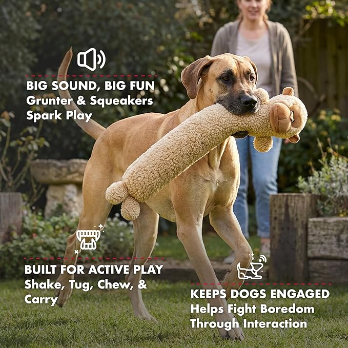 Pet Lou 26 Inch Monkey Stick Plush Dog Chew Toy for Dogs with Grunter & Squeakers, Durable Fleece Interactive Toy for Fetch, Tug & Anti-Boredom Play