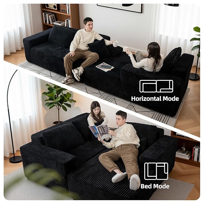 Claiks 104" Boneless Couch, Cloud Couch Sectional, L-Shape Corduroy Modular Sectional Sofa Deep Seat, Upholstered Couches for Living Room, No Assembly Required, Black, Right Facing Chaise