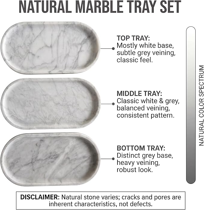 YKAJO 11.6" x 5.9" Oval Real Marble Tray for Bathroom & Kitchen Counter — 100% Natural Stone Decorative Vanity Tray for Dresser & Perfume — Heavy Catchall Organizer for Soap & Jewelry, White Gray