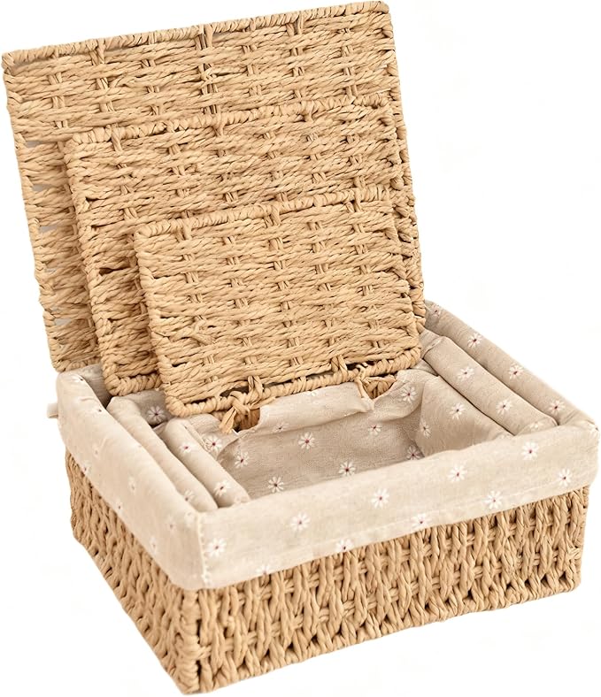 Wicker Shelf Basket with Lid Paper Storage Baskets for Shelves Small Storage Bin with Removable Liner Nesting Decorative Woven Basket for Makeup Closet Organizer (Small, Khaki)