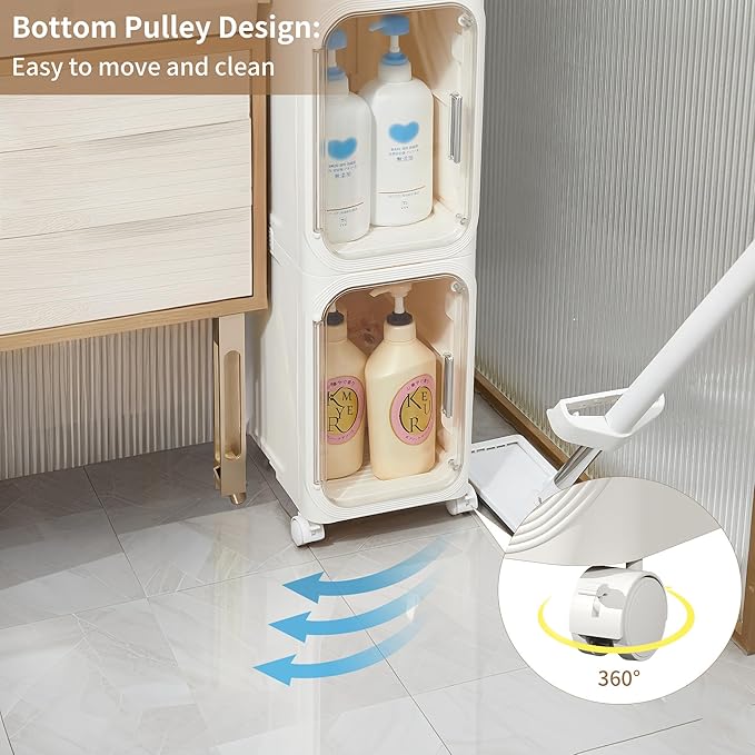 Narrow Storage Cabinet Slim Bathroom Storage Cabinet with Movable Wheels Tall Bathroom Organizer Skinny Cabinet for Small Spaces，2-Tier White