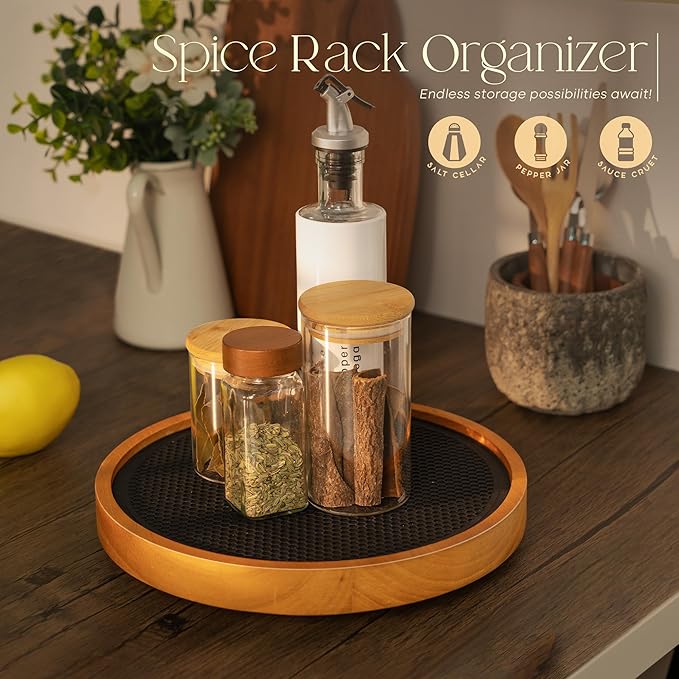 EOSAHR Non-Skid Wood Lazy Susan Organizer Turntable with Rubber Mat – 10.5" Lazy Susan Turntable for Cabinet, Table Top, Pantry & Kitchen Sink - Effortless Bathroom Vanity Tray (Light Brown)