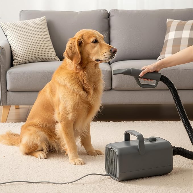 DUMOS Dog Blow Dryer Grooming Vacuum Kit, Cat Dog Hair Dryer with Adjustable Wind Speed & Heater Temperature, Cool-Warm-Hot Cycle Mode, 4 Nozzles, 6.5 FT Cord for Low Noise Pet Hair Remover - Grey