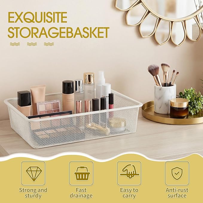 4 Pcs Metal Wire Basket Metal Mesh Basket Pantry Organizers Bin Containers for Home Organizing Cabinet Pantry Closet Kitchen Fridge Fruit Makeup Snacks Gifts(White,Large)