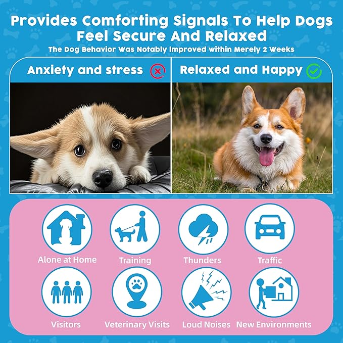 Dog Calming Diffuser for Dog Anxiety Relief, Dog Pheromones Calming Diffuser, Pheromone for Dogs to Reduce Barking Aggression Fighting Stress, Stop Peeing(2 Refills, 1 Diffuser,60 Days)