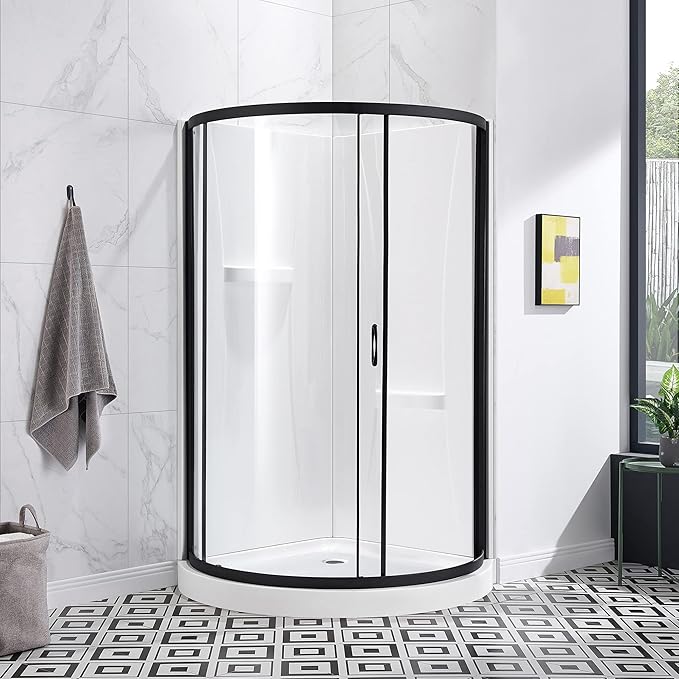 OVE Decors Breeze 38 in. Corner Shower Clear Sliding Door with Walls and Base in Black Finish