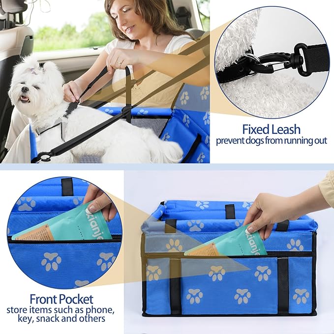 PetsHome Dog Car Seat Foldable Dog Car Booster Seat Waterproof Breathable Oxford Travel Bag for Small to Medium Dogs, Puppies, and Pets-Footprint Blue