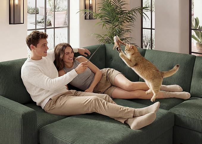 HONBAY 83.4 Inch U-Shaped Sectional Sleeper Sofa with Pull-Out Bed, 5-Seater Sectional Sofa for Living Room, Pet-Resistant Corduroy Couch, Green