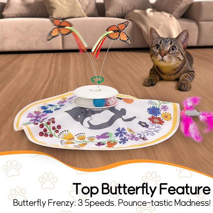 4-in-1 Interactive Cat Toy ，Auto Flutter Toy,Sensor Automatic Hide & Seek, USB Rechargeable 6 Modes for Indoor Cats Exercise Boredom Relief, Multi-Color Options